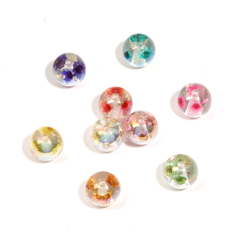 Wholesale 50pcs natural dried flower resin round beads transparent gold foil beaded diy mobile phone chain key chain accessories beads loose beads